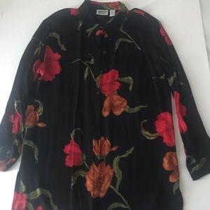 Chicos Design Silk Blouse Black Red Flowers Long Sheer Sz 2
